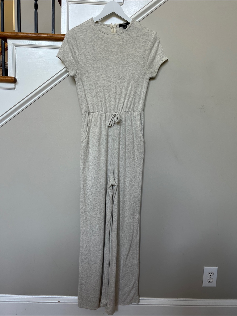 Forever 21 gray heather lounge jumpsuit wide-leg pockets drawstring waist cozy S